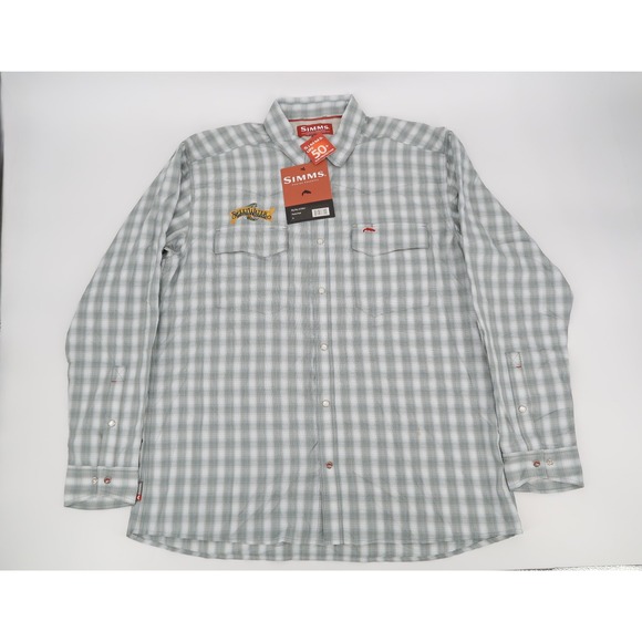 Simms Big Sky Long Sleeve XL Gray Plaid Vented Pearl Snap Western Shirt UPF 50 - Picture 2 of 12